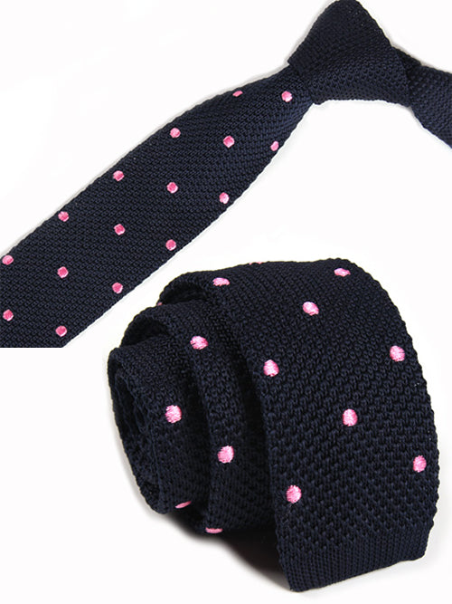 紺地-丸い-ピンク-ドット-刺-入り-ニットタイ-模様-編みタイプ-スタイリッシュ系-シンプル-クール-男女-祝-おしゃれ-かわいい-結婚式-カジュアル-スーツ-人気-プレゼント-ギフト-入園式-入学式-成人式