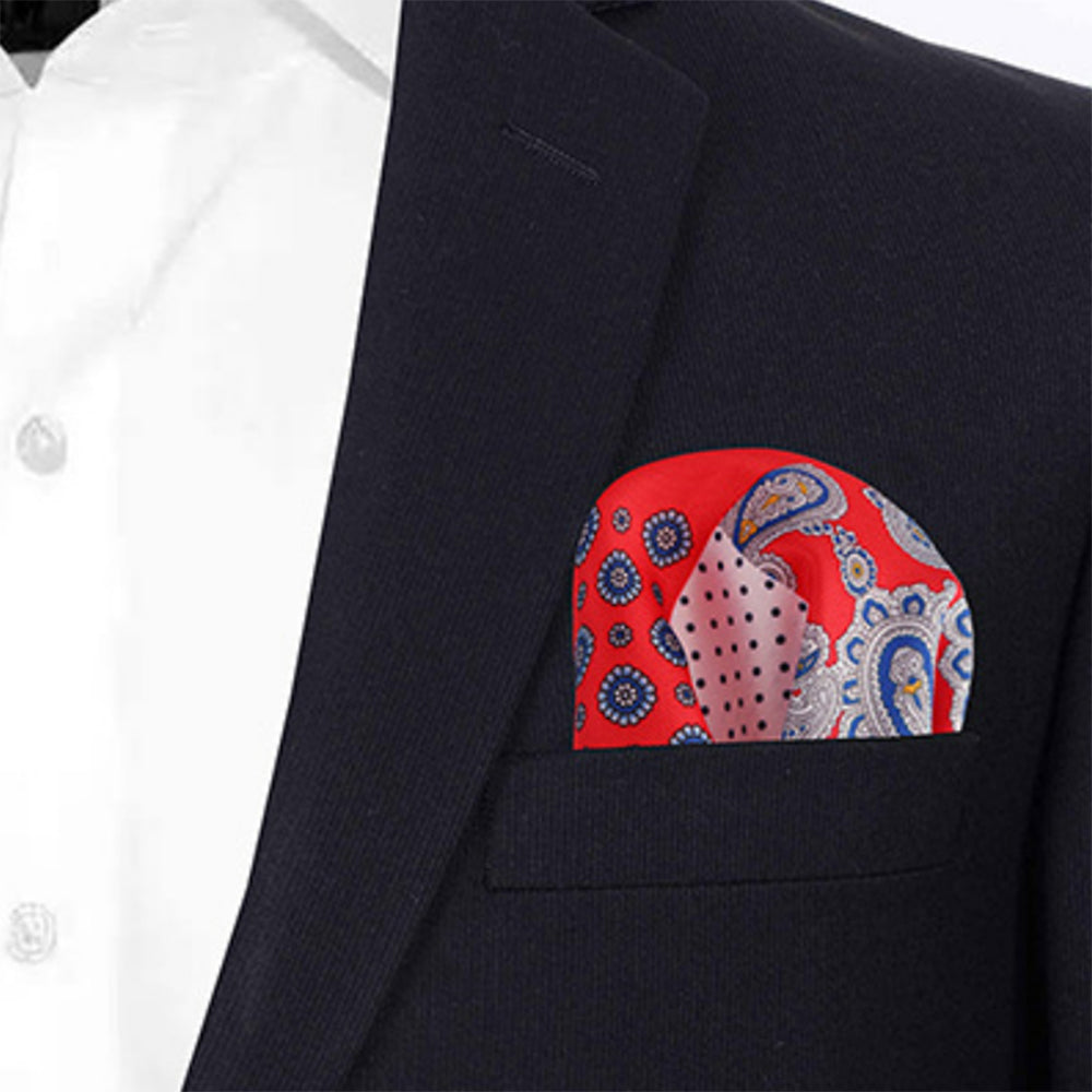 4パターンデザイン-ポケットチーフ-赤色ベース-ペイズリー柄-胸ポケット-父の日-おしゃれ-ギフト-オススメ-正装-通販-遊び心-大人-結婚式-披露宴-婚活-お見合い-パーティー