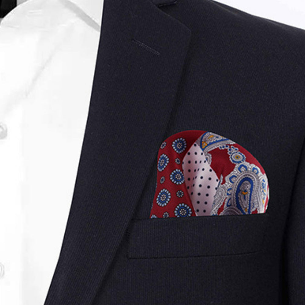 4パターンデザイン-ポケットチーフ-ワインレッドベース-ペイズリー柄-胸ポケット-父の日-おしゃれ-ギフト-オススメ-正装-通販-遊び心-大人-結婚式-披露宴-婚活-お見合い-パーティー