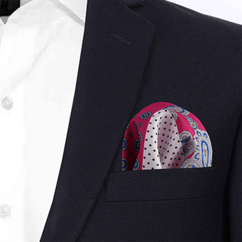 4パターンデザイン-ポケットチーフ-赤-青色ベース-ペイズリー柄-胸ポケット-父の日-おしゃれ-ギフト-オススメ-正装-通販-遊び心-大人-結婚式-披露宴-婚活-お見合い-パーティー