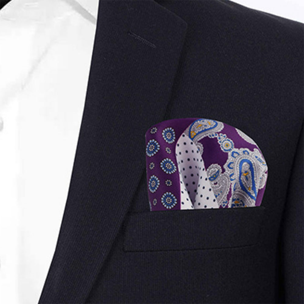 4パターンデザイン-ポケットチーフ-パープルベース-ペイズリー柄-胸ポケット-父の日-おしゃれ-ギフト-オススメ-正装-通販-遊び心-大人-結婚式-披露宴-婚活-お見合い-パーティー