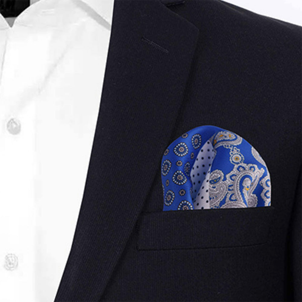 4パターンデザイン-ポケットチーフ-青色ベース-ペイズリー柄-胸ポケット-父の日-おしゃれ-ギフト-オススメ-正装-通販-遊び心-大人-結婚式-披露宴-婚活-お見合い-パーティー