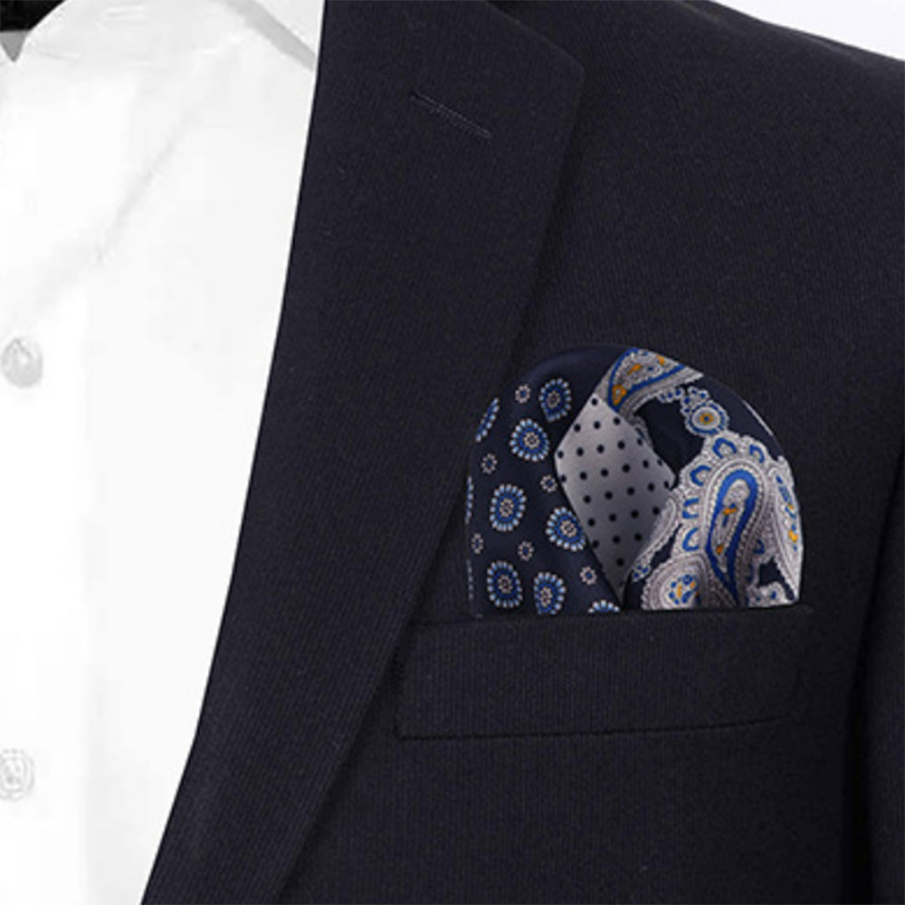 4パターンデザイン-ポケットチーフ-ネイビーベース-ペイズリー柄-胸ポケット-父の日-おしゃれ-ギフト-オススメ-正装-通販-遊び心-大人-結婚式-披露宴-婚活-お見合い-パーティー