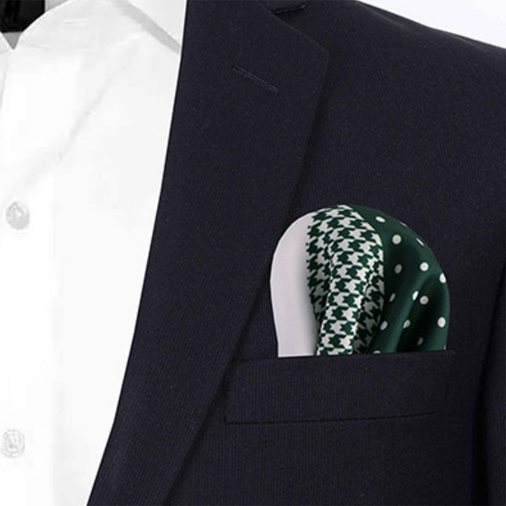 4パターンデザイン-ポケットチーフ-グリーンベース-千鳥格子柄-胸ポケット-父の日-おしゃれ-ギフト-オススメ-正装-通販-遊び心-大人-結婚式-披露宴-婚活-お見合い-パーティー