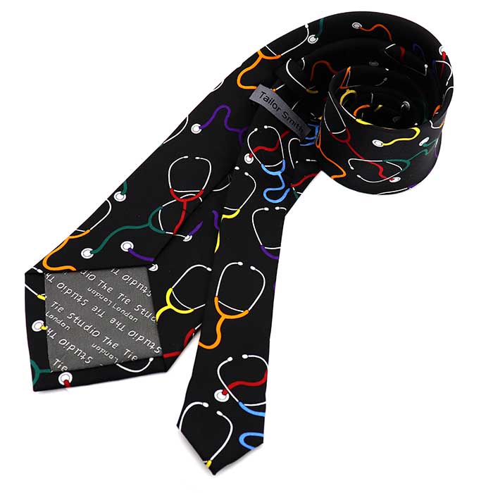 dr-聴診器-ドクター-機材-柄-シルクネクタイ-黒系