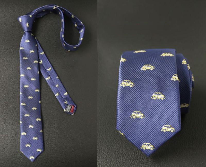 ブルー生地-刺繍-黄色-くるま柄-ネクタイ-ポリエステル-全長-約-145cm-剣幅-約-6cm-おしゃれ-かわいい-結婚式-カジュアル-シンプル-スーツ-人気-プレゼント-ギフト-春-成人式