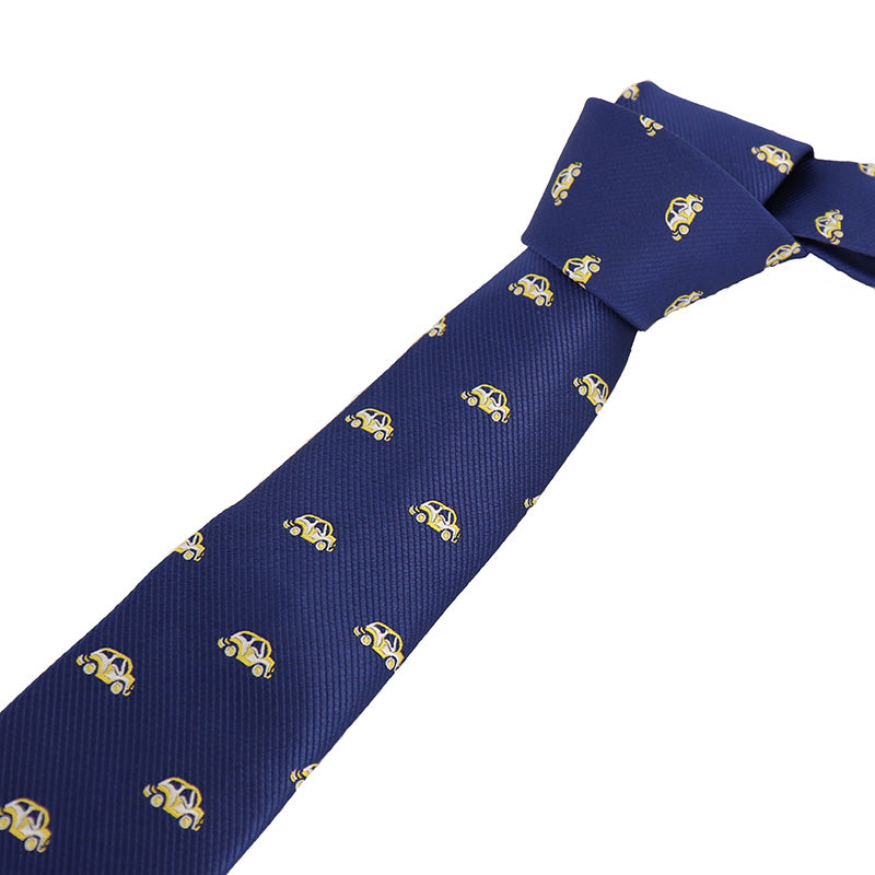 ブルー生地-刺繍-黄色-くるま柄-ネクタイ-ポリエステル-全長-約-145cm-剣幅-約-6cm-おしゃれ-かわいい-結婚式-カジュアル-シンプル-スーツ-人気-プレゼント-ギフト-春-成人式