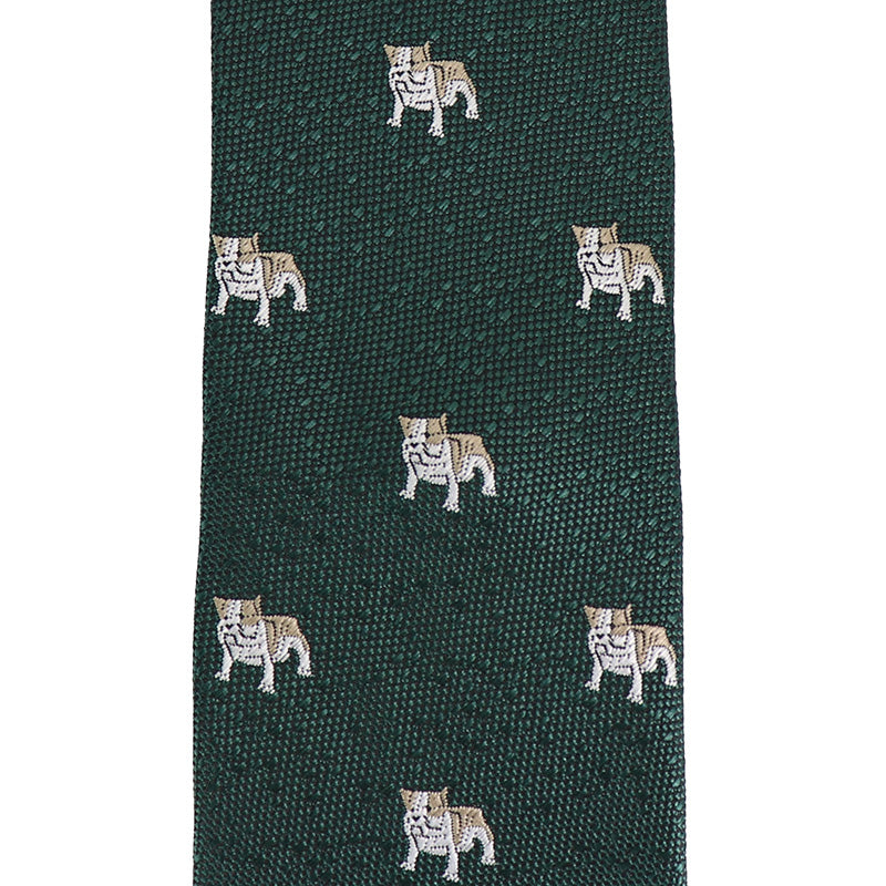 ダークグリーン生地-ブルドック-刺繍-動物-ペット-犬-ネクタイ-ポリエステル-全長-約-145cm-剣幅-約-6cm-おしゃれ-かわいい-結婚式-カジュアル-シンプル-スーツ-人気-プレゼント-ギフト-春-成人式