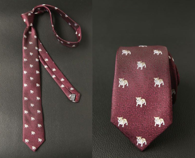 レッドワイン生地-ブルドック-動物-刺繍-可愛い-ネクタイ-ポリエステル-全長-約-145cm-剣幅-約-6cm-おしゃれ-かわいい-結婚式-カジュアル-シンプル-スーツ-人気-プレゼント-ギフト-春-成人式