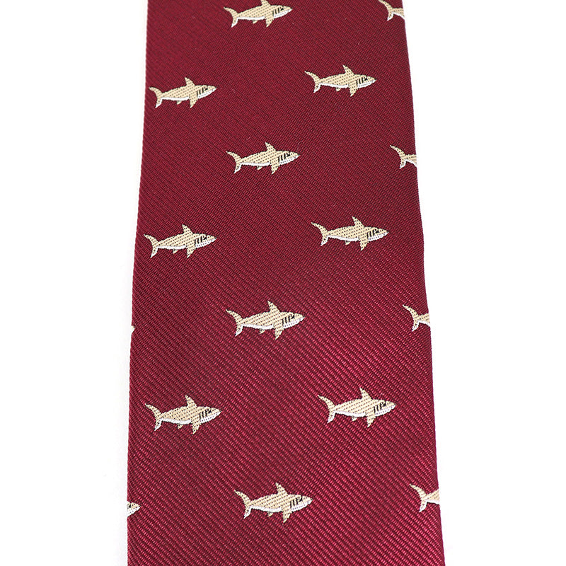 レッドワイン生地-サメ-魚-刺繍-可愛い-ネクタイ-ポリエステル-全長-約-145cm-剣幅-約-6cm-おしゃれ-かわいい-結婚式-カジュアル-シンプル-スーツ-人気-プレゼント-ギフト-春-成人式