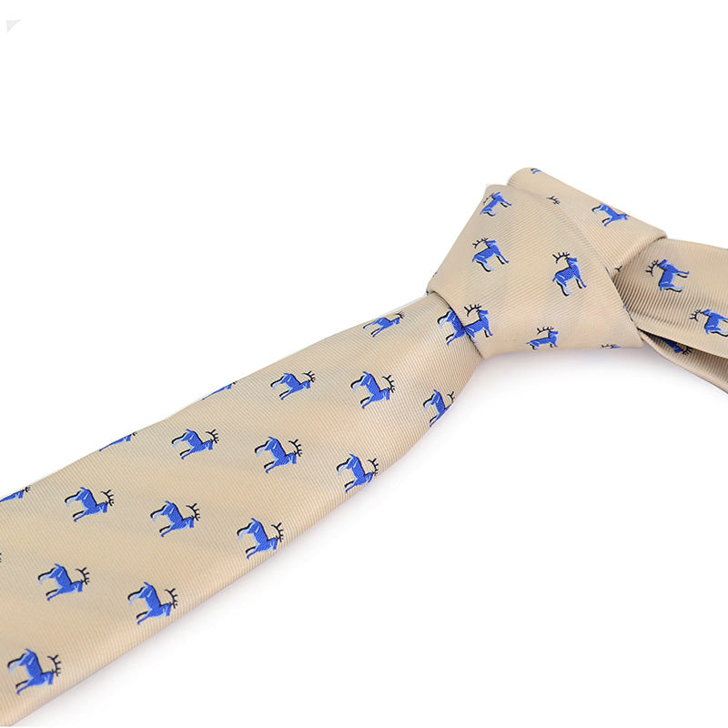ベージュ-青-トナカイ-刺繍-可愛い-動物-ネクタイ-ペット-ポリエステル-全長-約-145cm-剣幅-約-6cm-おしゃれ-かわいい-結婚式-カジュアル-シンプル-スーツ-人気-プレゼント-ギフト-春-成人式