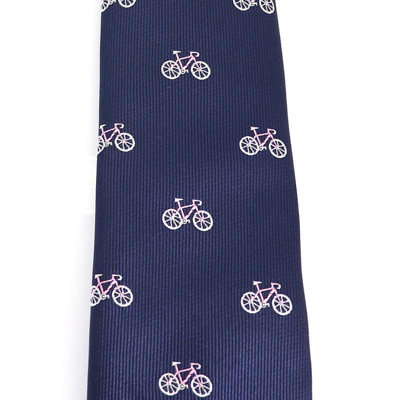 ネイビー-挿し色-ピンク自転車-刺繍-可愛い-スポーツ-ネクタイ-ペット-ポリエステル-全長-約-145cm-剣幅-約-6cm-おしゃれ-かわいい-結婚式-カジュアル-シンプル-スーツ-人気-プレゼント-ギフト-春-成人式