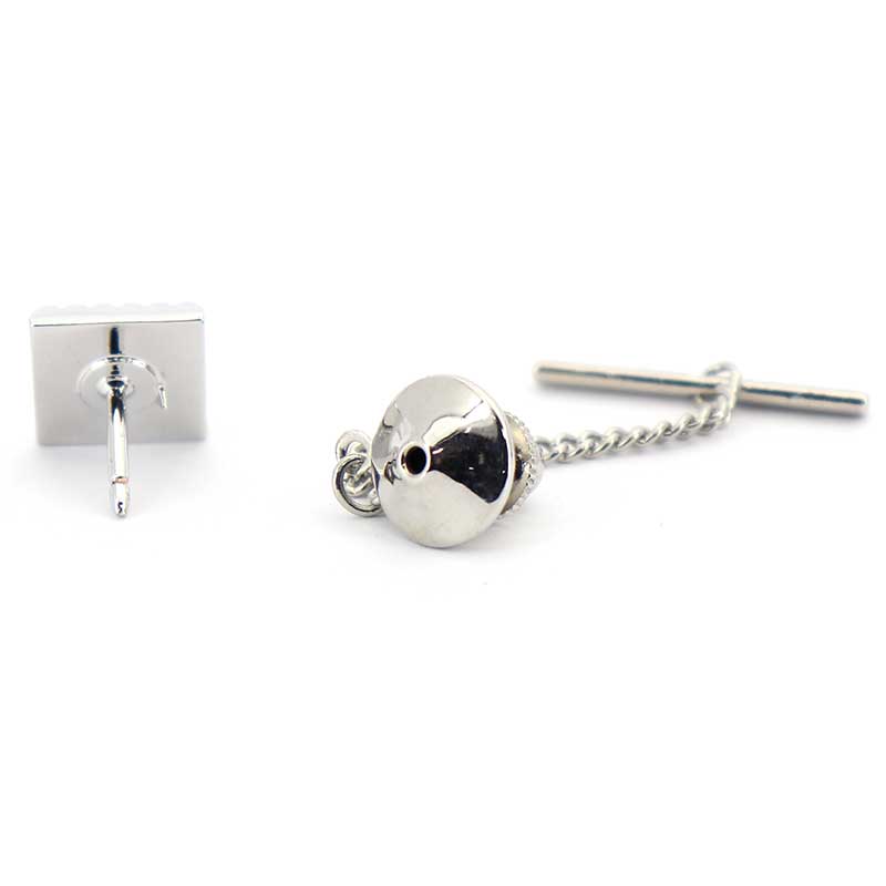 ■四角い ネクタイピン 【 銀色 】 ( タイタック ラペルピン ) チェーン付 ■ シルバー系 男女 カフリングス 営業マン