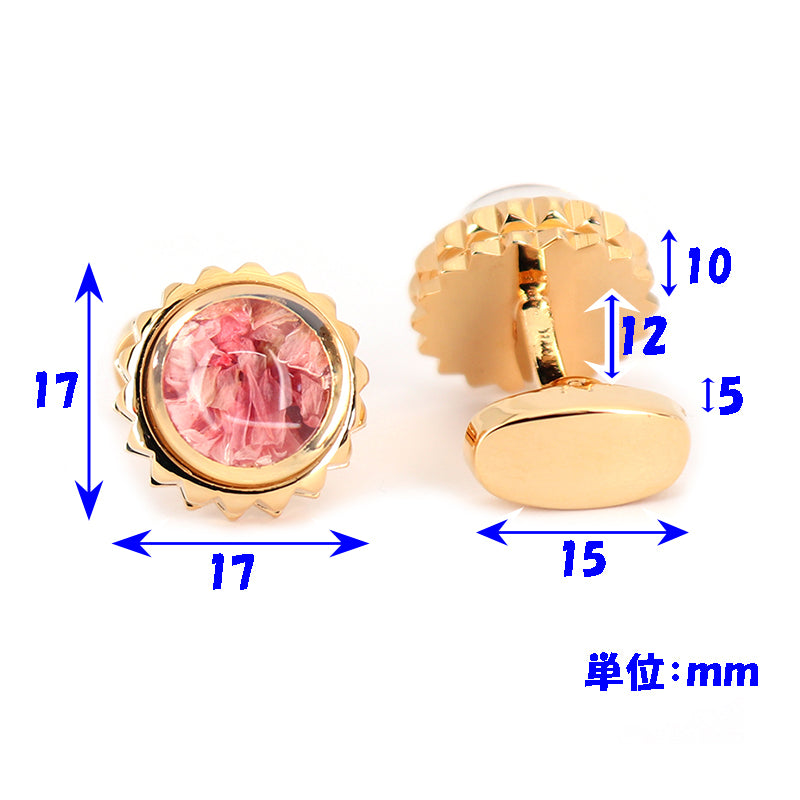 ピンクの花を入れ込んだ-ゴールド-円形-カフスボタン-ピンク-ゴールド-可愛い-円形-男女-カフリングス-プレゼント-人気-個性-おしゃれ-結婚式-カフス専門店