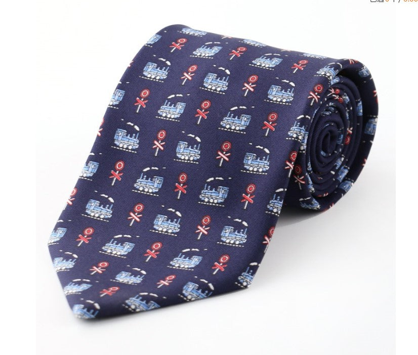 汽車-踏み切り-アニメ-ネクタイ-紺-ネイビー-ブルー系-ユニーク-さり気ない-遊び心
