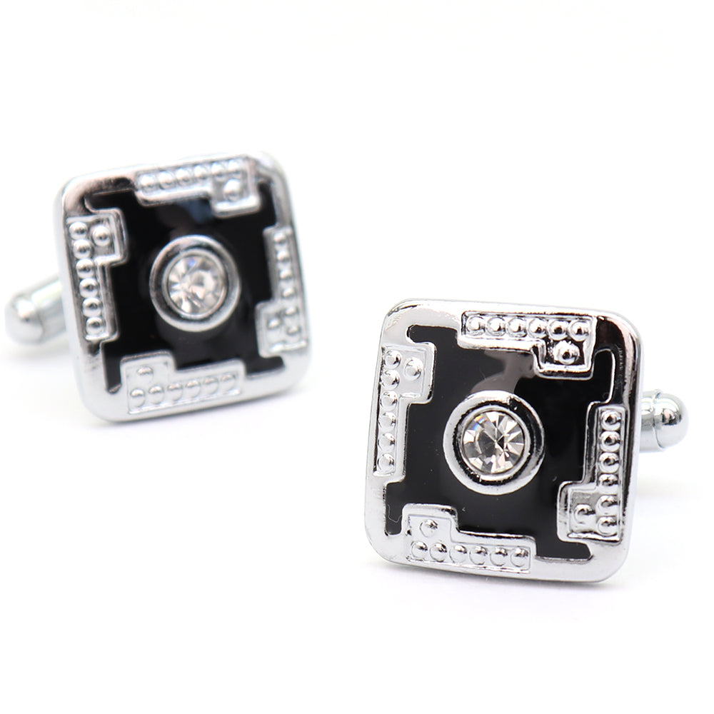 【 即日発送 】 ■ 四角形【 色 ：シルバー＆黒】カフスボタン ■ [ 1000円ぽっきり マラソン買い回り 対象 黒系 男女 営業マン おしゃれシンプル スーツ シャツ 人気 プレゼント 正装 ウエディング 入園式 入学式 ]
