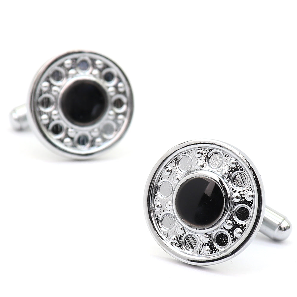 【 即日発送 】 ■ 丸型【 色 ：シルバー＆黒】カフスボタン ■ [ 1000円ぽっきり マラソン買い回り 対象 黒系 男女 営業マン おしゃれシンプル スーツ シャツ 人気 プレゼント 正装 ウエディング 入園式 入学式 ]