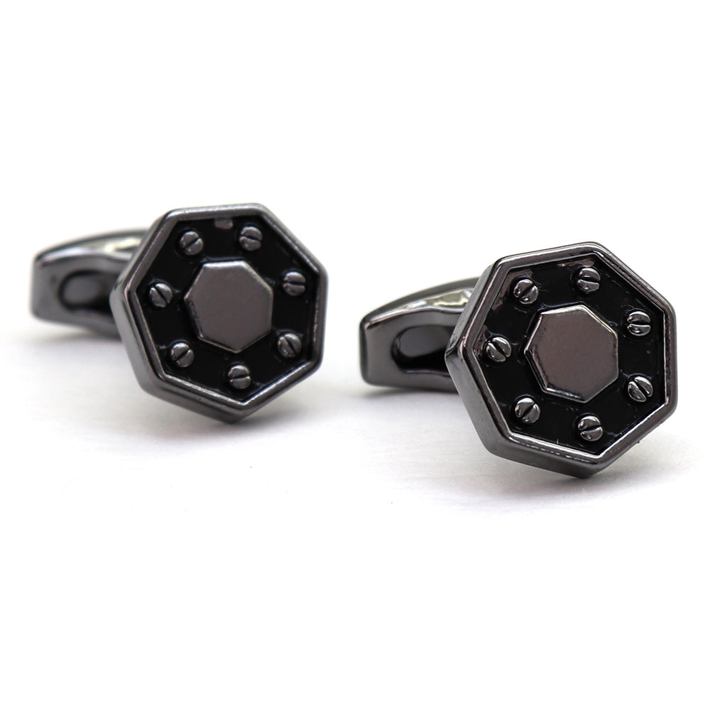 【 即日発送 】 ■ 多角形【 色 ：シルバー＆黒】カフスボタン ■ [ 1000円ぽっきり マラソン買い回り 対象 黒系 男女 営業マン おしゃれシンプル スーツ シャツ 人気 プレゼント 正装 ウエディング 入園式 入学式 ]