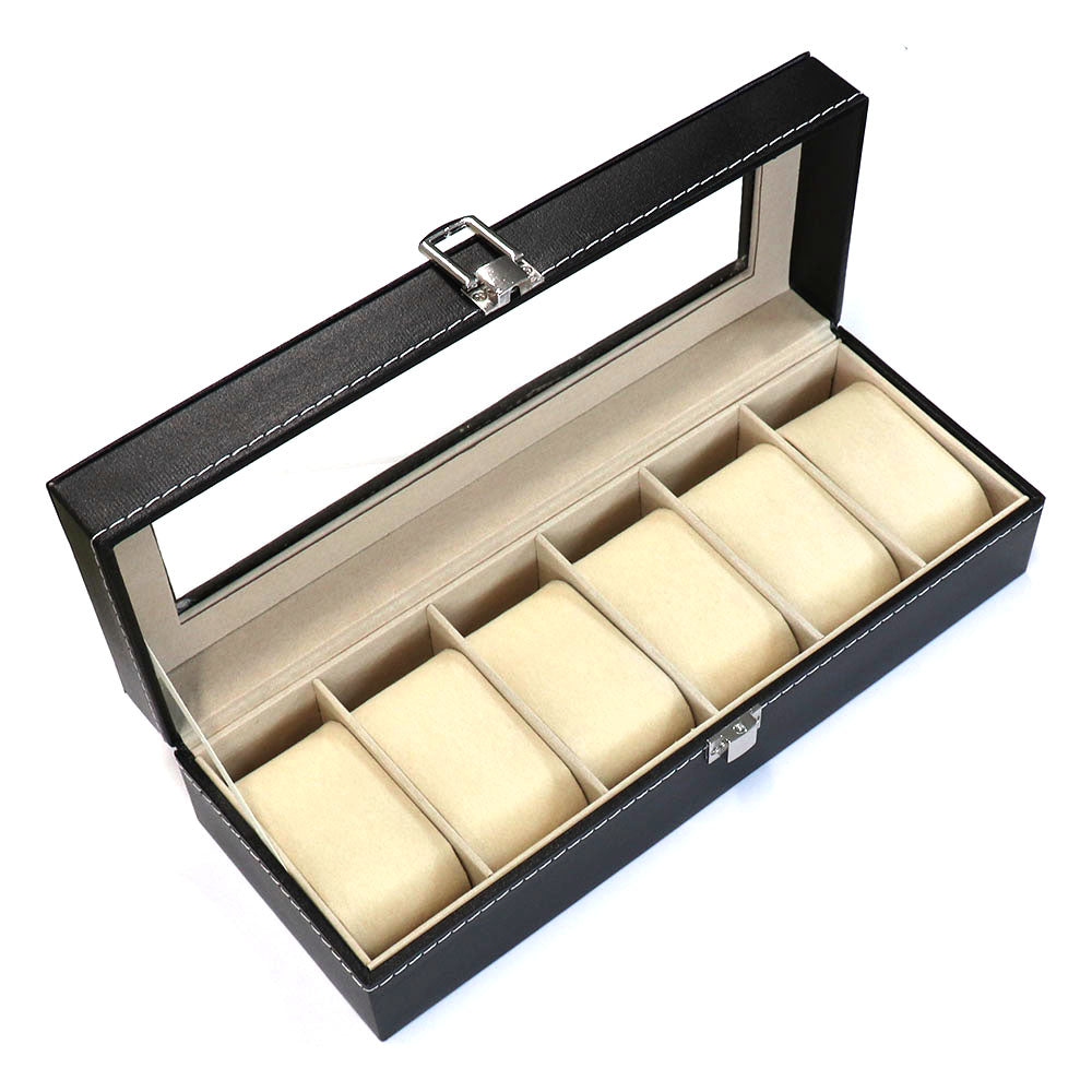 腕時計 6本 収納 PU ボックス アクリル 天板【 ブラック 】裏地 柔らか 素材 ロック付き コレクション 高品質 高級時計 保管 ケース メンズ 父の日 誕プレ 収集 飾る インテリア 安心