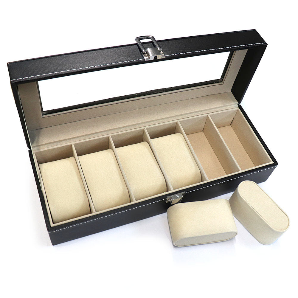 腕時計 6本 収納 PU ボックス アクリル 天板【 ブラック 】裏地 柔らか 素材 ロック付き コレクション 高品質 高級時計 保管 ケース メンズ 父の日 誕プレ 収集 飾る インテリア 安心
