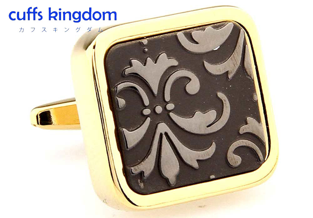 百合柄-ズッシリ-重い-金-ｘ-黒-カフスボタン-銀-系-シルバー-男女-カフリングス-営業マン-おしゃれ-かわいい-結婚式-カジュアル-シンプル-スーツ-人気-プレゼント-ギフト-入園式-入学式-成人式