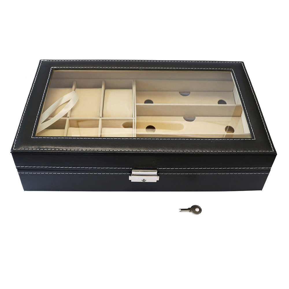 腕時計 ＋ めがね 収納 PU ボックス 鍵付き アクリル天板【ブラック】裏地 柔らか 素材 ロック付き コレクション 高品質 高級時計 保管 ケース メンズ 父の日 誕プレ 収集 飾る インテリア 安心 サングラス