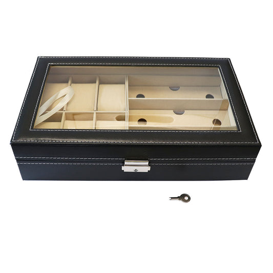 腕時計 ＋ めがね 収納 PU ボックス 鍵付き アクリル天板【ブラック】裏地 柔らか 素材 ロック付き コレクション 高品質 高級時計 保管 ケース メンズ 父の日 誕プレ 収集 飾る インテリア 安心 サングラス