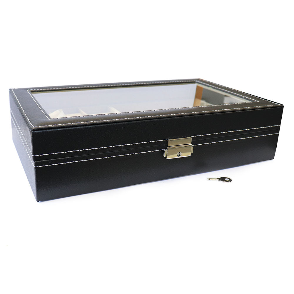 腕時計 ＋ めがね 収納 PU ボックス 鍵付き アクリル天板【ブラック】裏地 柔らか 素材 ロック付き コレクション 高品質 高級時計 保管 ケース メンズ 父の日 誕プレ 収集 飾る インテリア 安心 サングラス