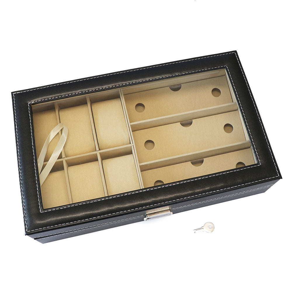 腕時計 ＋ めがね 収納 PU ボックス 鍵付き アクリル天板【ブラック】裏地 柔らか 素材 ロック付き コレクション 高品質 高級時計 保管 ケース メンズ 父の日 誕プレ 収集 飾る インテリア 安心 サングラス