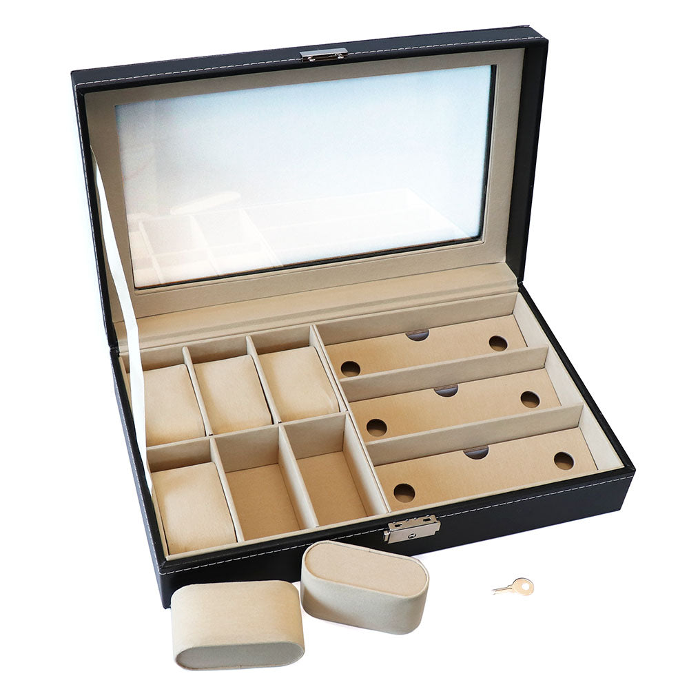 腕時計 ＋ めがね 収納 PU ボックス 鍵付き アクリル天板【ブラック】裏地 柔らか 素材 ロック付き コレクション 高品質 高級時計 保管 ケース メンズ 父の日 誕プレ 収集 飾る インテリア 安心 サングラス