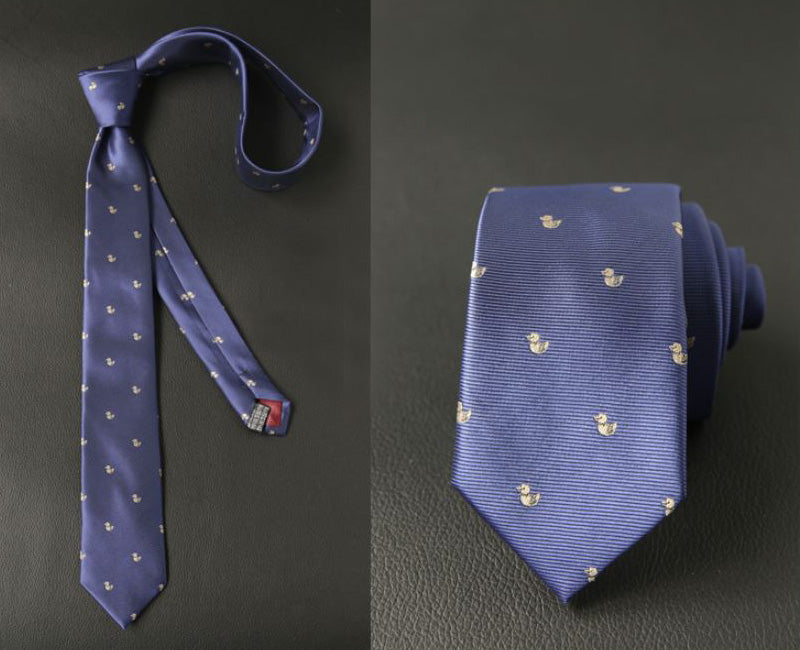 ネイビー生地-アヒル-刺繍-茶色-動物-ネクタイ-ポリエステル-全長-約-145ｃｍ-剣幅-約-6ｃｍ-おしゃれ-かわいい-結婚式-カジュアル-シンプル-スーツ-人気-プレゼント-ギフト-春-成人式