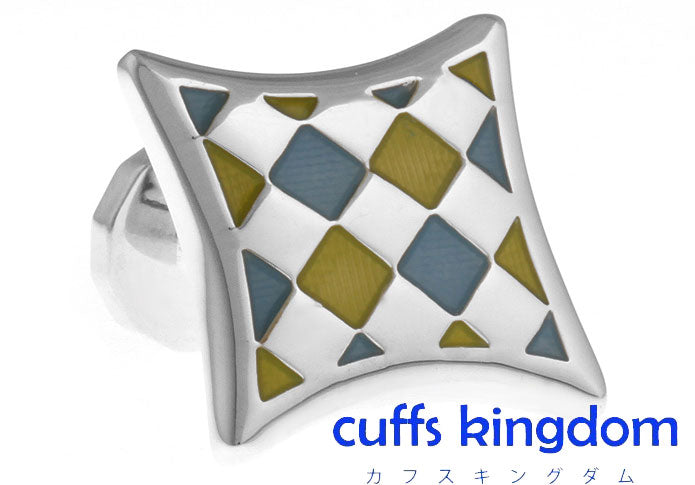 菱形-青-x-黄-ｘ-銀-カフスボタン-黄系-イエロー-男女-カフリングス-営業マン-おしゃれ-かわいい-結婚式-カジュアル-シンプル-スーツ-人気-プレゼント-ギフト-入園式-入学式-成人式