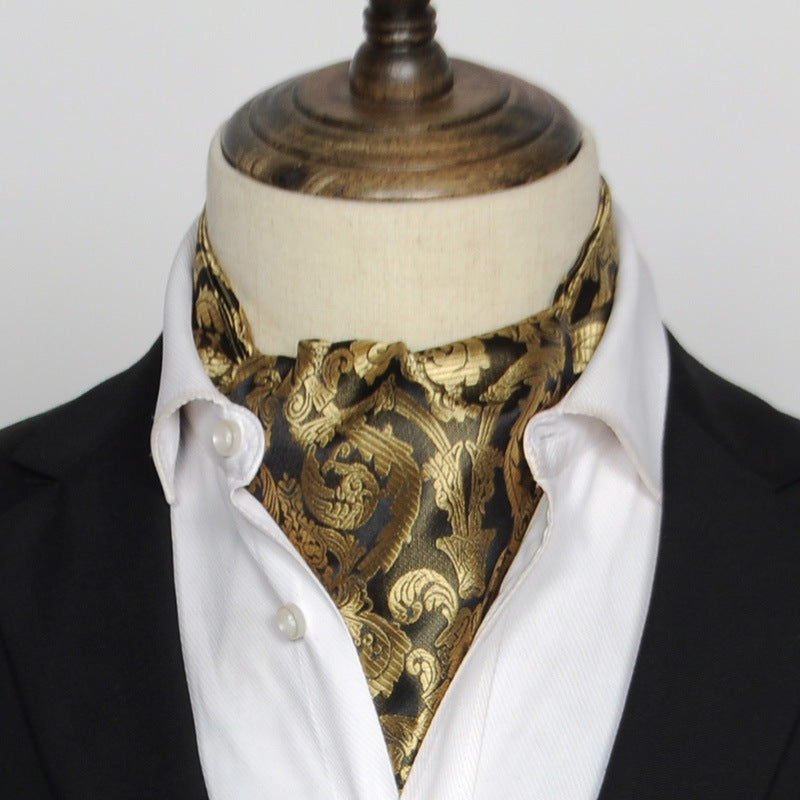 アスコットタイ-スーツ-オシャレ-飾る-黄色と黒のペイズリー柄-スーツ-フォーマル-プレゼント-ギフト-父の日-パーティ-正装-ドレスアップ-銀座-英国-マナー-ハイエンド-プレゼント-豪華-リッチ