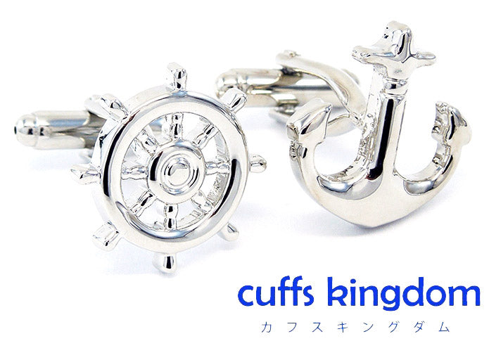 舵輪-と-錨-アシメトリー-カフス-シルバー-カフスボタン-銀色-系-男女-カフリングス-営業マン-おしゃれ-かわいい-結婚式-カジュアル-シンプル-スーツ-人気-プレゼント-ギフト-入園式-入学式-成人式