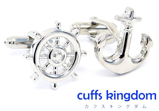 舵輪-と-錨-アシメトリー-カフス-シルバー-カフスボタン-銀色-系-男女-カフリングス-営業マン-おしゃれ-かわいい-結婚式-カジュアル-シンプル-スーツ-人気-プレゼント-ギフト-入園式-入学式-成人式