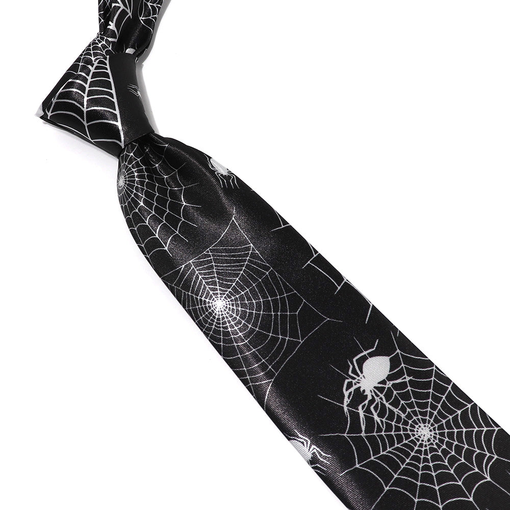 ハロウィン-駆け回る-蜘蛛の巣-クモ-ネクタイ-黒と白-男女-コスチューム-仮装-パーティー-人気-幅8cm