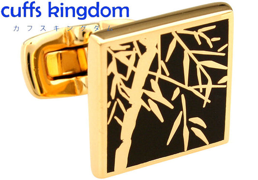 笹の葉-ゴールド-スクエア-金色-カフスボタン-ゴールド-ブラック-四角形-おしゃれ-細工-男女-カフリングス-人気-プレゼント-ギフト-入園式-入学式-成人式-カフス専門店