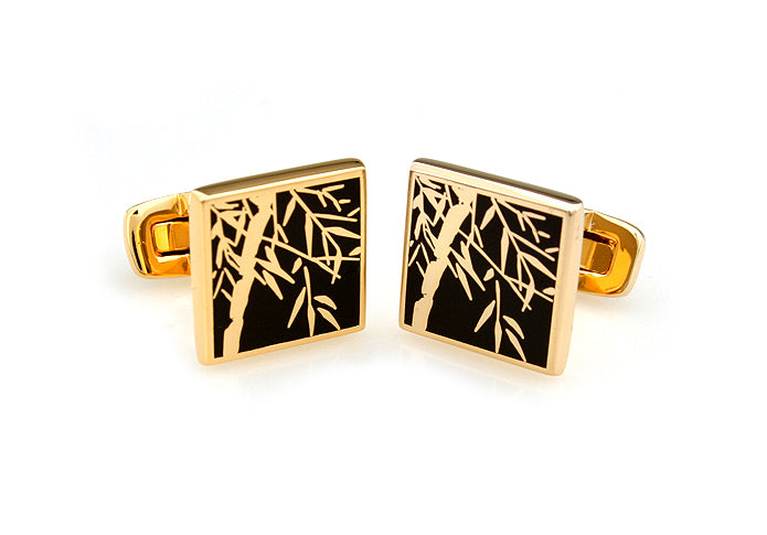 笹の葉-ゴールド-スクエア-金色-カフスボタン-ゴールド-ブラック-四角形-おしゃれ-細工-男女-カフリングス-人気-プレゼント-ギフト-入園式-入学式-成人式-カフス専門店