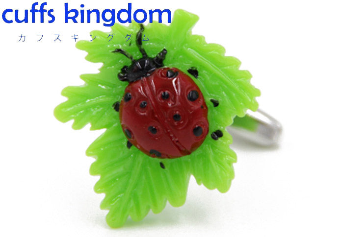 葉っぱ-付き-テントウムシ-昆虫-緑-赤色-カフスボタン-カラフル-男女-カフリングス-スーツ-人気-プレゼント-ギフト-昆虫-葉っぱ-カフス専門店