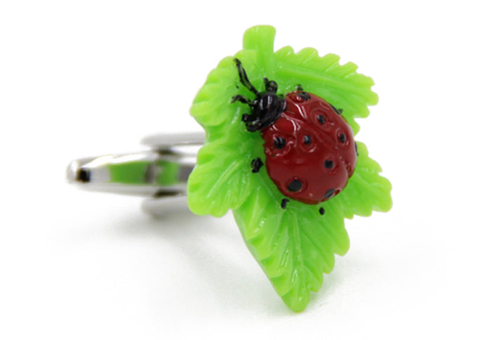 葉っぱ-付き-テントウムシ-昆虫-緑-赤色-カフスボタン-カラフル-男女-カフリングス-スーツ-人気-プレゼント-ギフト-昆虫-葉っぱ-カフス専門店