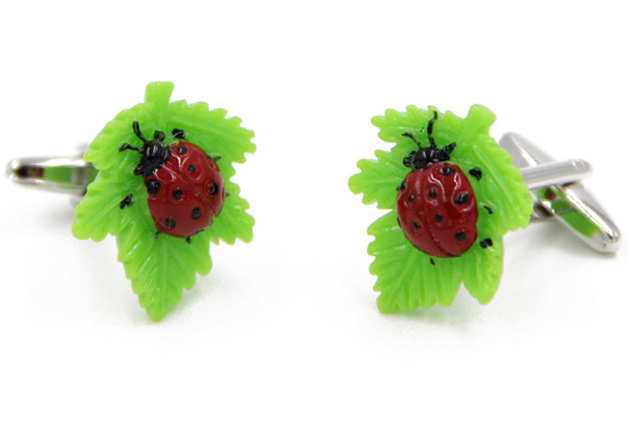 葉っぱ-付き-テントウムシ-昆虫-緑-赤色-カフスボタン-カラフル-男女-カフリングス-スーツ-人気-プレゼント-ギフト-昆虫-葉っぱ-カフス専門店