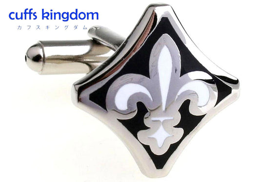 百合の紋章-カフスボタン-黒-白-銀-シルバー色-灰色-ダーク系-男性-カフリングス-クール系-ひし形-人気商品-百合-カフス専門店