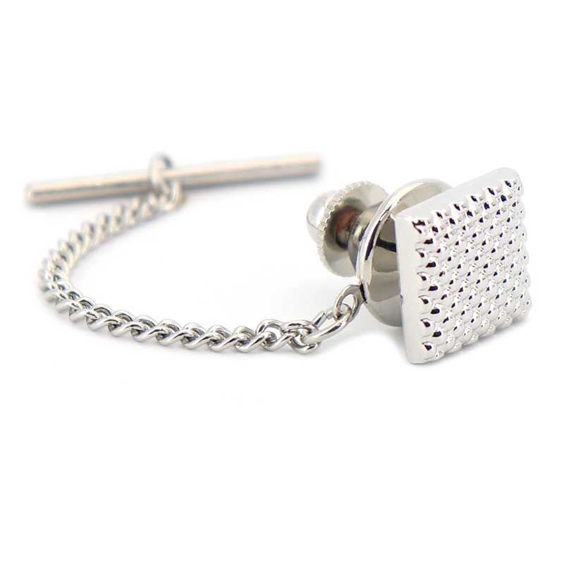 ■四角い ネクタイピン 【 銀色 】 （ タイタック ラペルピン ） チェーン付 ■ シルバー系 男女 カフリングス 営業マン