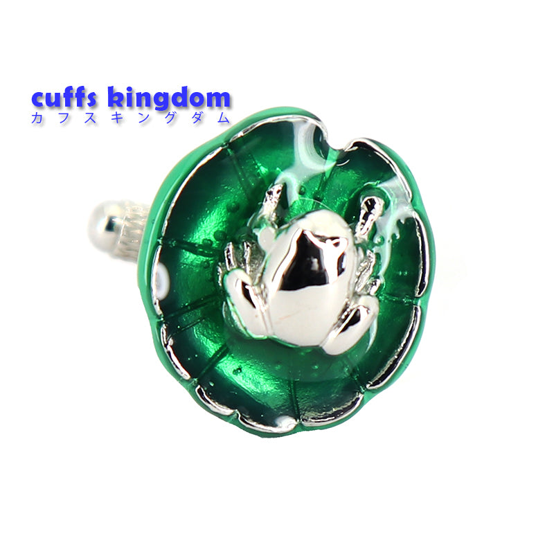 蓮の葉-乗り-カエル-カフスボタン-シルバー-グリーン-面白い-ユニーク-かえる-男女-カフリングス-プレゼント-人気-個性-おしゃれ-結婚式-カフス専門店