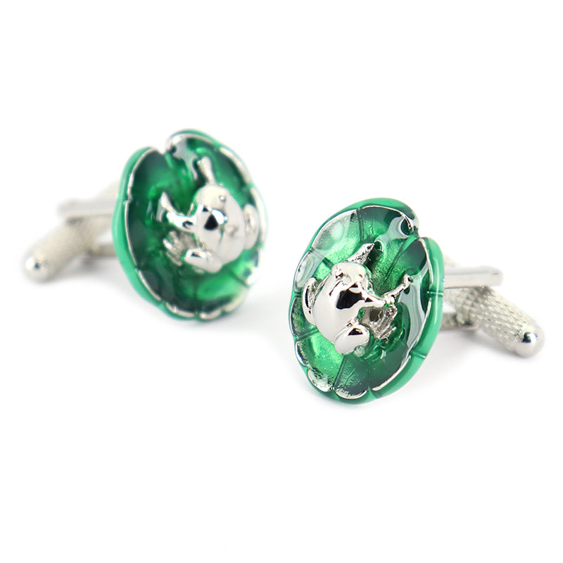 蓮の葉-乗り-カエル-カフスボタン-シルバー-グリーン-面白い-ユニーク-かえる-男女-カフリングス-プレゼント-人気-個性-おしゃれ-結婚式-カフス専門店