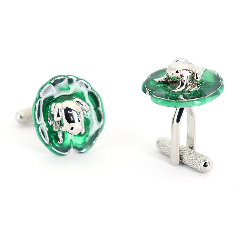 蓮の葉-乗り-カエル-カフスボタン-シルバー-グリーン-面白い-ユニーク-かえる-男女-カフリングス-プレゼント-人気-個性-おしゃれ-結婚式-カフス専門店