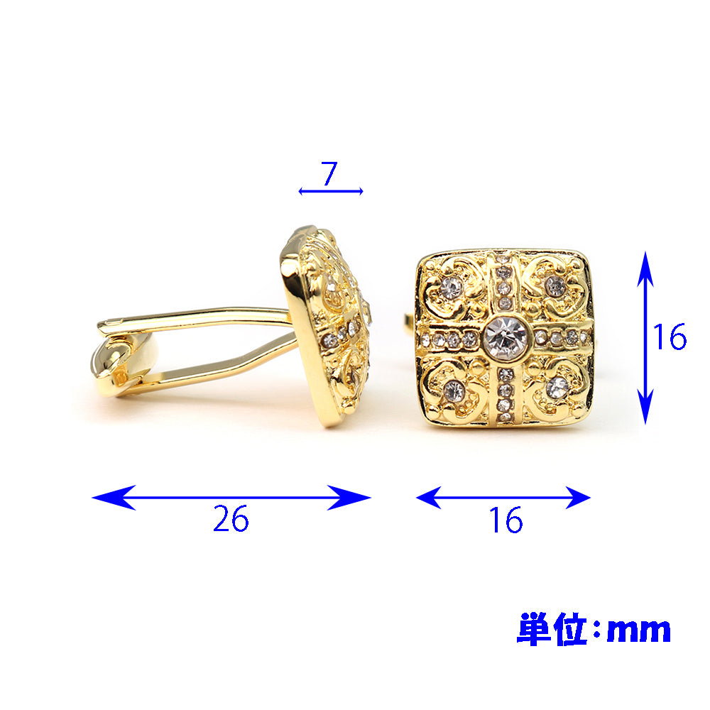 ゴールド スクエア カフスボタン 豪華 キラキラ ジュエル系 おしゃれ 男女 カフリングス フォーマル エレガント 結婚式 プレゼント カフス専門店