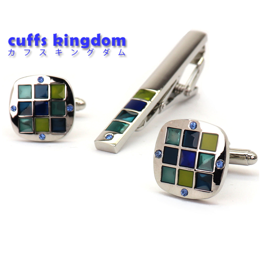 青/緑 格子柄 カフス タイピン セット おしゃれ 男女 エレガント スーツ 正装 プレゼント ギフト 大人気 成人式 卒業式 結婚式 カフス専門店