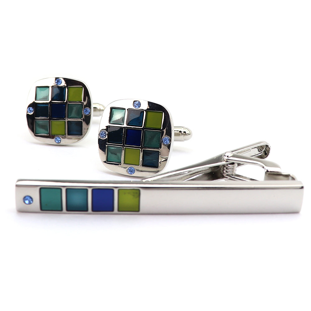 青/緑 格子柄 カフス タイピン セット おしゃれ 男女 エレガント スーツ 正装 プレゼント ギフト 大人気 成人式 卒業式 結婚式 カフス専門店