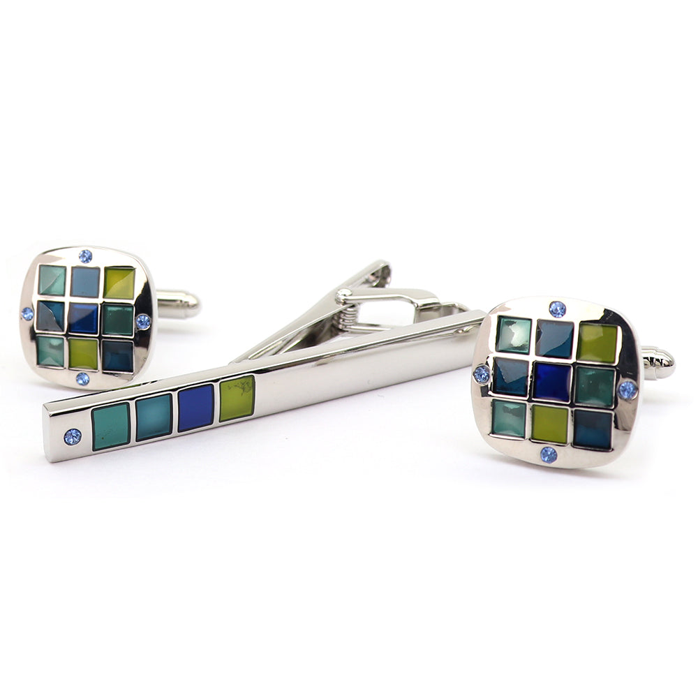 青/緑 格子柄 カフス タイピン セット おしゃれ 男女 エレガント スーツ 正装 プレゼント ギフト 大人気 成人式 卒業式 結婚式 カフス専門店